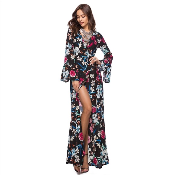 Dresses & Skirts - Long Sleeve Floral Wrap Maxi Dress
